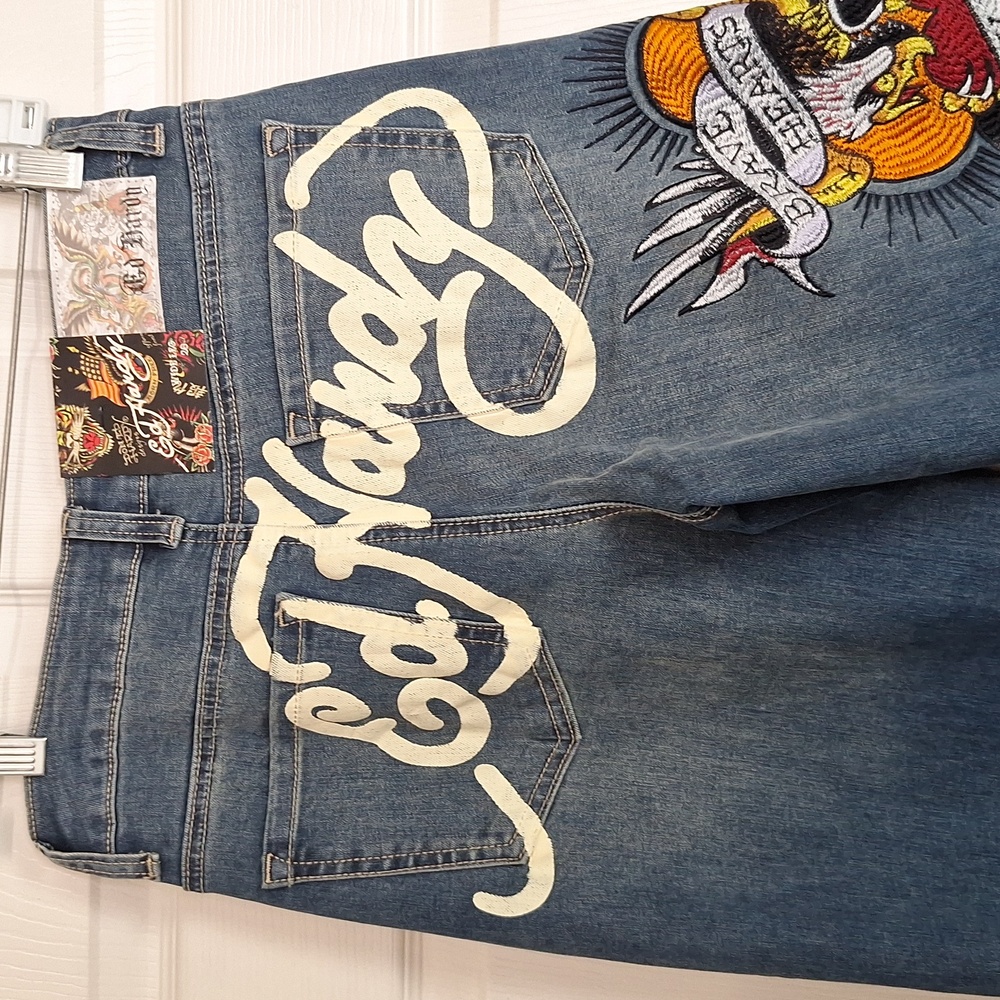 Ed Hardy Embroidered Wide Leg Brave Hearts Stay True Women Size 30 NWT